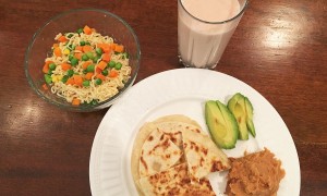 Cheese quesadillas, Ramen noodles, smoothie