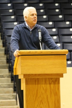 Superintendent Duncan Klussmann speaks to the students and athletes during the ceremony congratulating them on their hard work and dedication. (Photo: Rebecca Williamson)