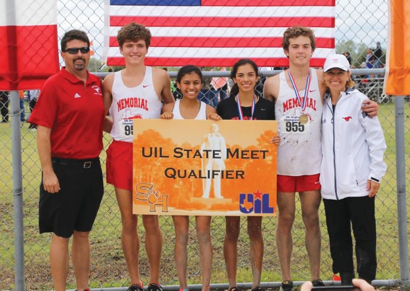 Brandon Clemmons, Luke Lewis, Khayla Patel, Leslie Romero, Nicholas Hamilton and girls cross country coach Vicki Bevan