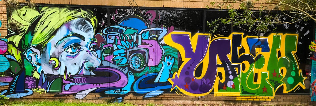 Mural with blues, purples, greens