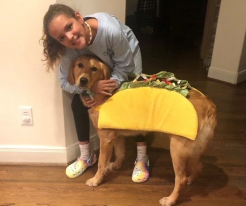 Gianna Vela and dog in taco costume