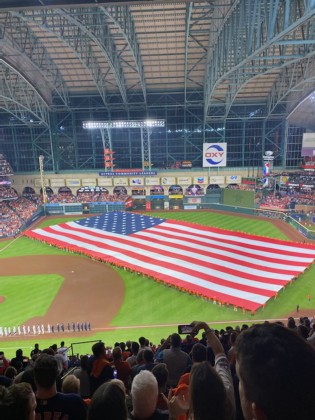 American flag on baseball field