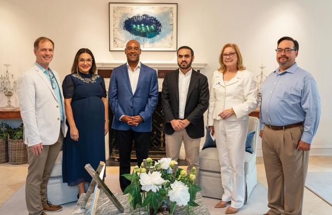 Johnny Hanson, Judy Sultan, Rice University president Reggie DesRoches, Hatem Alfayez, Becky Lao, and Jared Skok