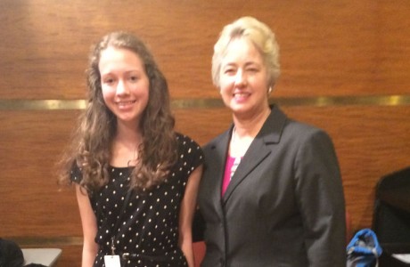 Cara Maines poses for a photo with Mayor Annise Parker after a mock press conference.
