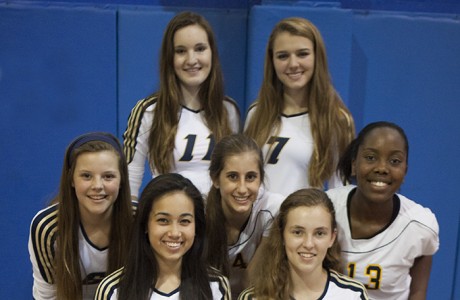 The volleyball team. First row (from left): Meredith Milholland '16, Grace Rentz '15; second row: Claire LeFevers '16, Caroline Moreyra '16, Kristin Ijeh '15; third row: Lillian Lee ‘15, Gillian Pfeil ‘16l; fourth row: Sydney Kays ‘16, Renee Listi ‘15. (P