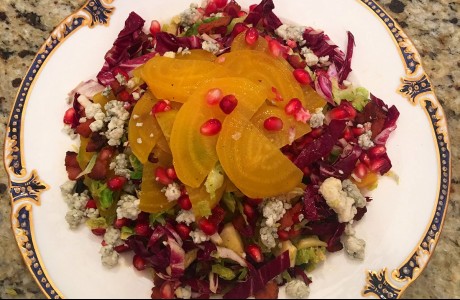 Shaved Brussels Sprouts and Beet Salad with Bleu Cheese Crumbles and Pomegranate,