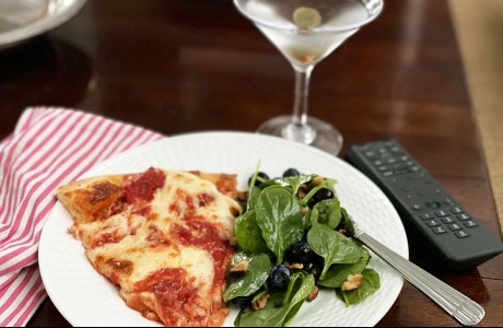 Pizza, blueberry spinach salad, martini, 