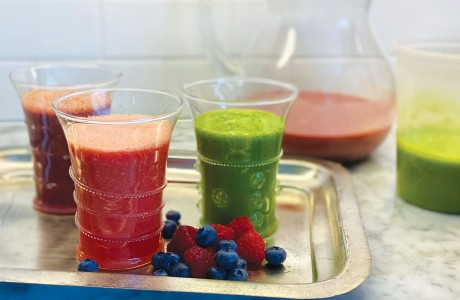 Lorelei's Purple Smoothie, her Red Watermelon-Berry Smoothie, and her Green Smoothie