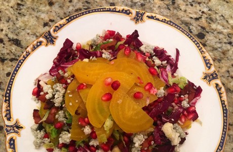 Shaved Brussels Sprouts and Beet Salad with Bleu Cheese Crumbles and Pomegranate. Watch Kelli Bunch make this recipe here. 
