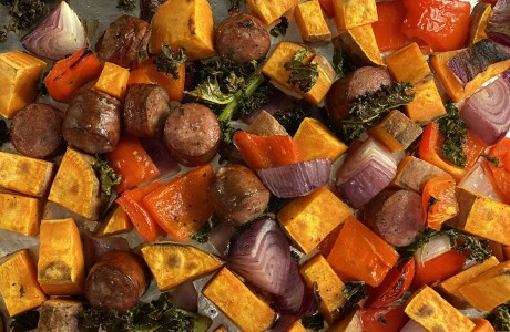 Roasted Sausage, Potatoes and Greens