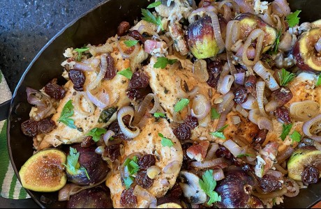 Pan-Roasted Chicken with Wild Rice, Figs, Dried Cherries, and Madeira