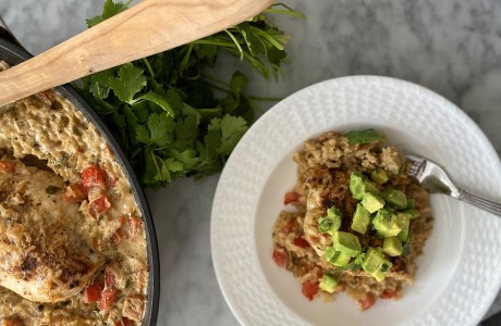 One Skillet Cheesy Green Chili Chicken and Rice