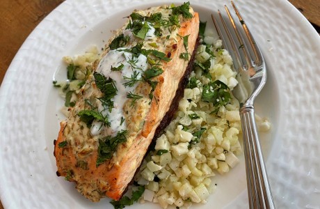 Crisp-Skinned Seed-Crusted Salmon with Ginger-Cilantro Cauliflower Rice