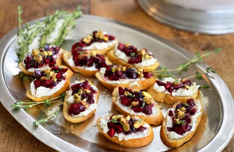 Cherry Bruschetta with Goat Cheese and Pistachios