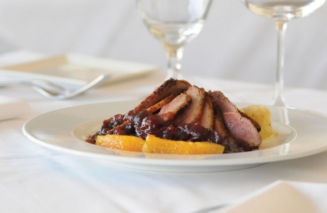 Thanksgiving duck breast with cranberry sauce and parmesan potatoes