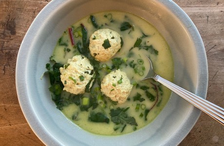Ginger and Turmeric Soup with Cilantro Chicken Meatballs