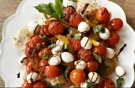 Chicken with Burst Tomatoes, Peppers, and Mozzarella