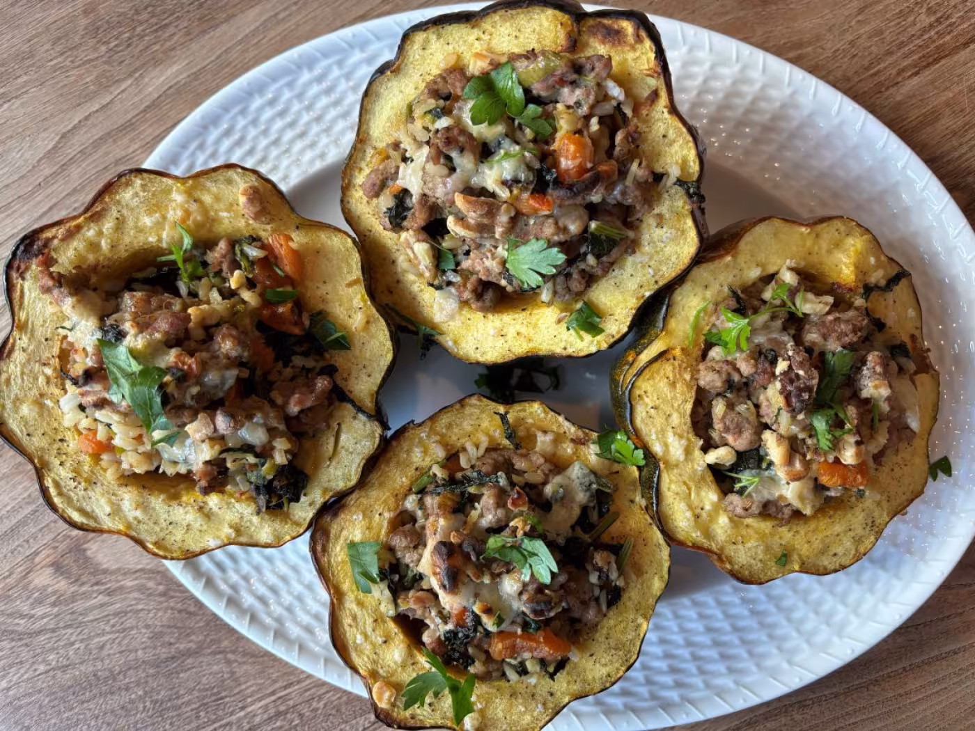 Acorn Squash Stuffed with Sausage, Rapini, and Apricots