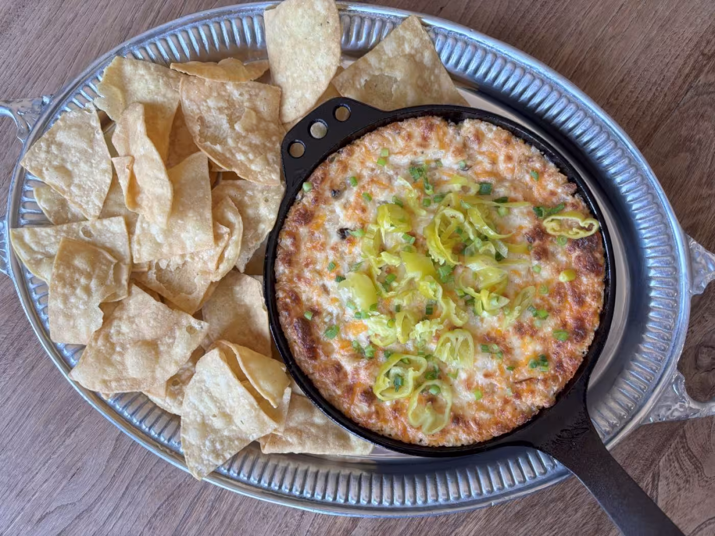 Baked Three-Cheese Onion Dip with Chive and Pepperoncini