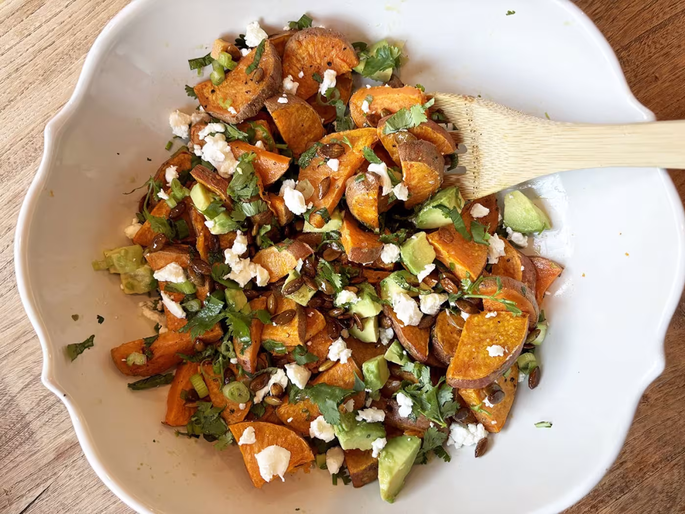 Sweet Potatoes with Warm Pepita Dressing and Goat Cheese