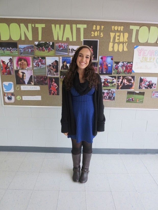 Jackie Wertheimer, a senior, is wearing a dress from TJ Maxx, cardigan from Express, scarf taken from her mom’s closet, Cotton On beanie, tights from Target and boots from JCPenney. 