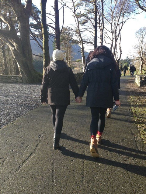 Sarah Jane Knowlton with her roommate, Catherine Falvey, walking around Kylemore Abbey. Note the infamous Bean boots.