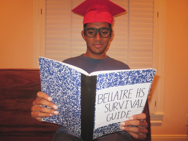 Senior Arjun Das thinks about the things he wishes he had known as a freshman as he looks at a “Bellaire High School Survival Guide.”