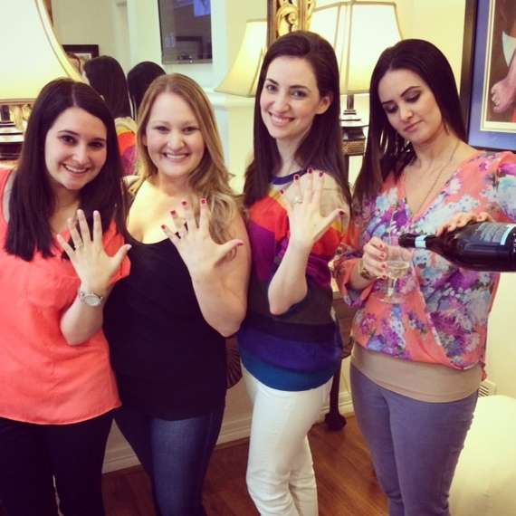 (From left) Sisters Melanie, Melissa and Amy displaying their rings and Lauren, on right, pouring the champagne to toast her younger sister’s engagement. (Photo: Mark Finkelstein) 