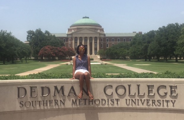 Sidney Phillips in front of the Boulevard and Dedman College at Southern Methodist University in Dallas, Texas.