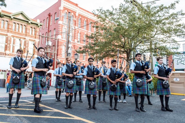 A, B, and C Band bagpipers