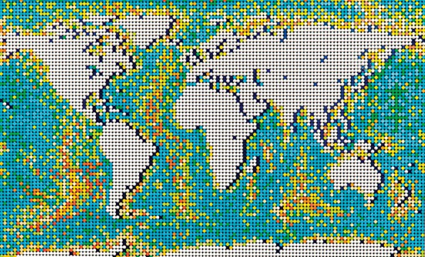 An intricate world map made of Lego.