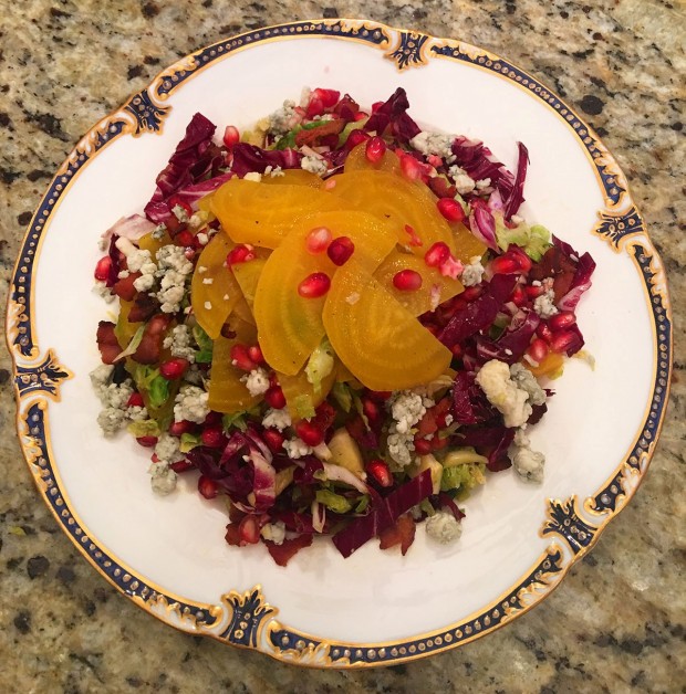 Shaved Brussels Sprouts and Beet Salad with Bleu Cheese Crumbles and Pomegranate. Watch Kelli Bunch make this recipe here. 