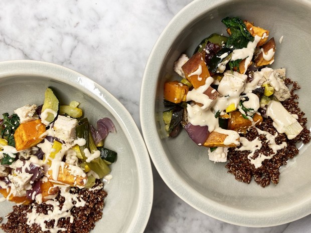 Roasted Veggie Bowl with Quinoa and Tahini Dressing