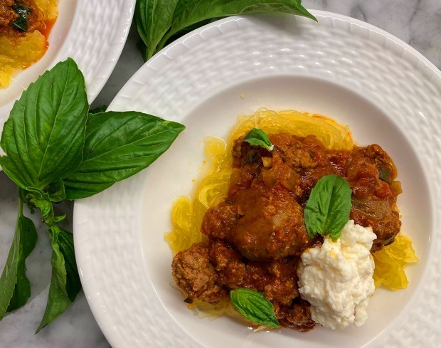 Spaghetti Squash (or Spaghetti) with Meat Sauce, Italian Sausage, and Ricotta