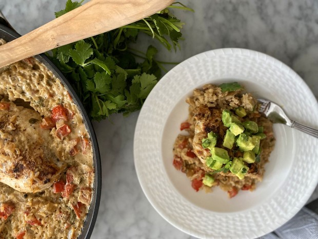 One Skillet Cheesy Green Chili Chicken and Rice