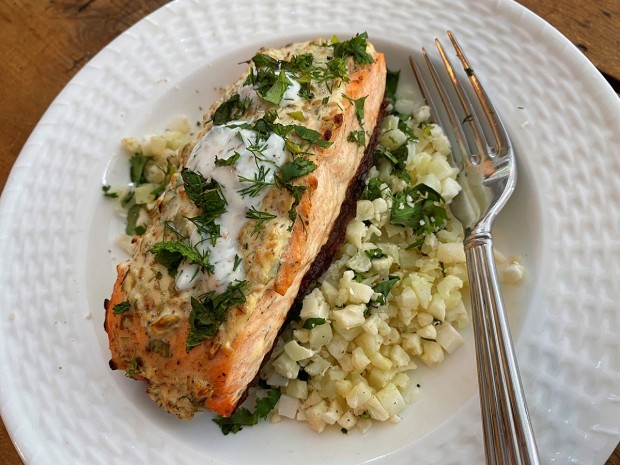 Crisp-Skinned Seed-Crusted Salmon with Ginger-Cilantro Cauliflower Rice