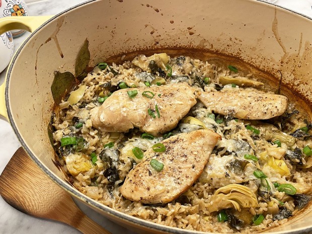 Chicken and Rice with Spinach and Artichoke Hearts