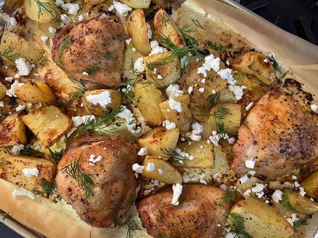 Sheet Pan Chicken and Potatoes with Feta, Lemon, and Dill