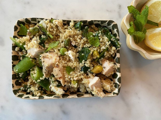Quinoa Salad with Chicken, Snap Peas, Spinach, and Mint