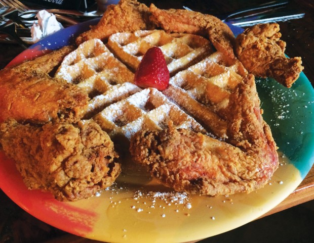 Belgian waffle served with succulent fried-chicken wings