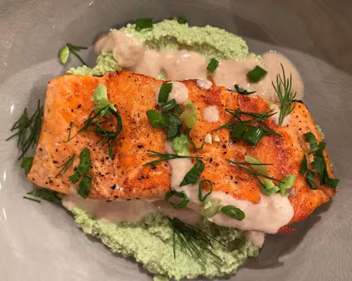Salmon with Edamame Herb Hummus and Lemon-Tahini Sauce