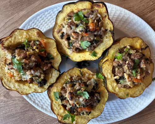 Acorn Squash Stuffed with Sausage, Rapini, and Apricots