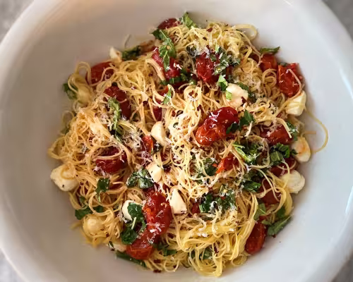 Angel Hair with Roasted Tomatoes, Mozzarella and Basil
