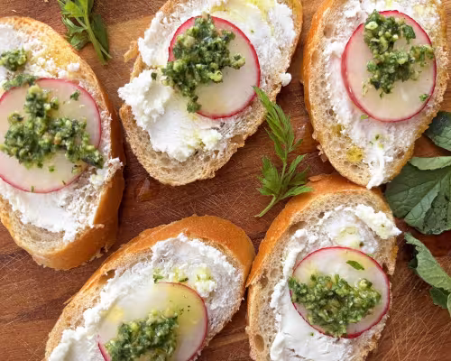 Baguette with Goat Cheese, Radish, and Farmer’s Market Pesto