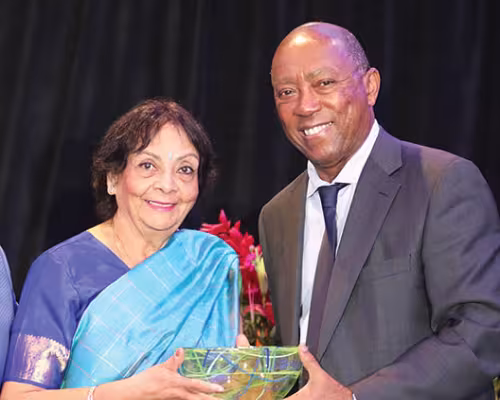 Allison Hay, honoree Leela Krishnamurthy, Mayor Sylvester Turner, and Consul General Shri Aseem Mahajan