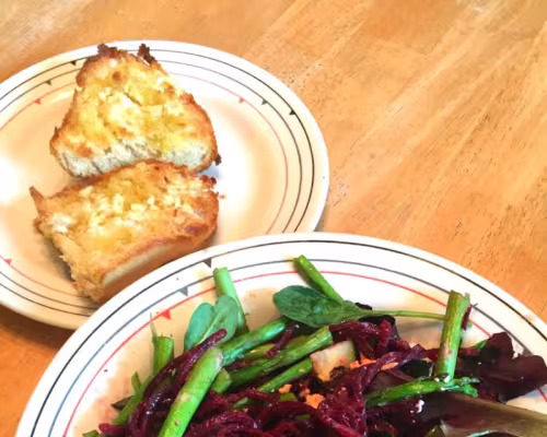 Steamed Beet Pasta with Garlic Bread