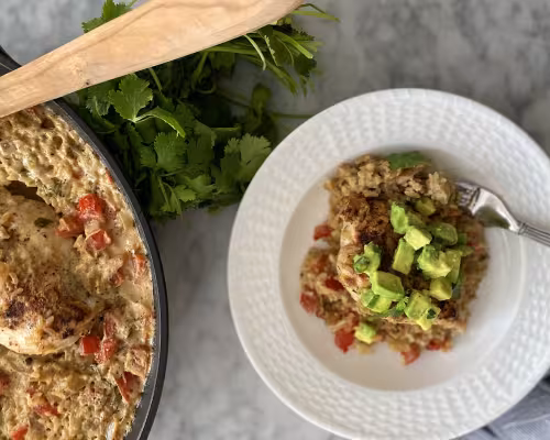 One Skillet Cheesy Green Chili Chicken and Rice