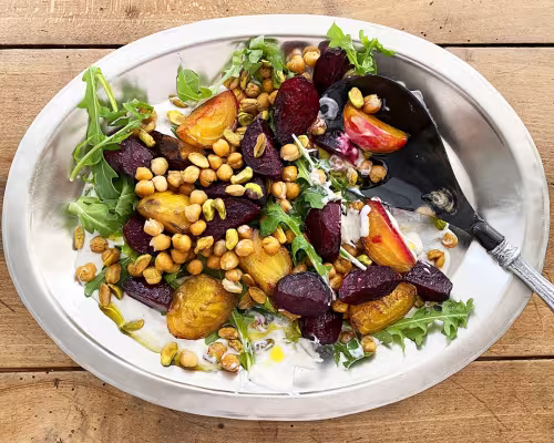 Roasted Beet Salad with Crispy Chickpeas and Spiced Yogurt