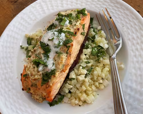 Crisp-Skinned Seed-Crusted Salmon with Ginger-Cilantro Cauliflower Rice