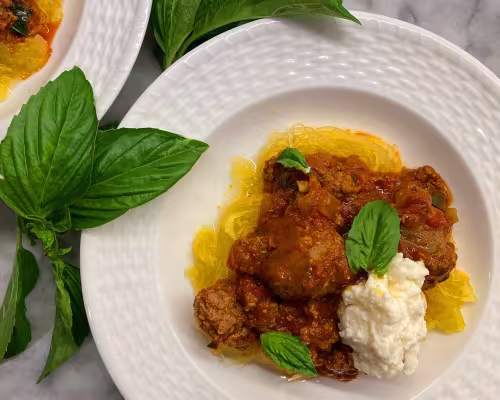 Spaghetti Squash (or Spaghetti) with Meat Sauce, Italian Sausage, and Ricotta